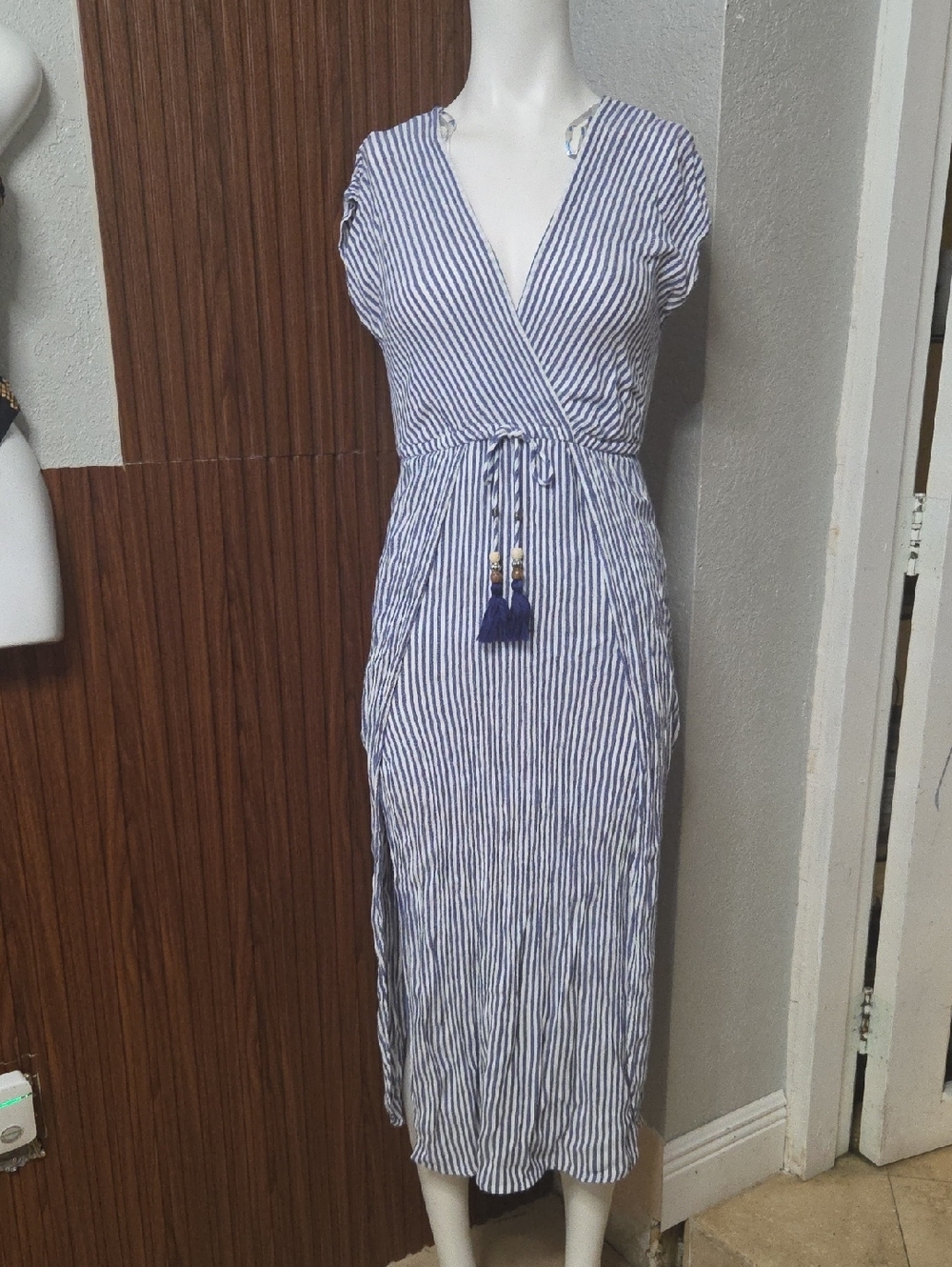 blue island Navy and White Striped Wrap Maxi Dress with Tassel Tie [1227]